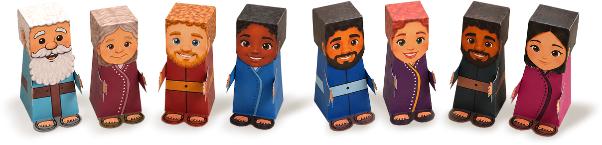 Fileira completa dos 8 personagens de papel inclusos
