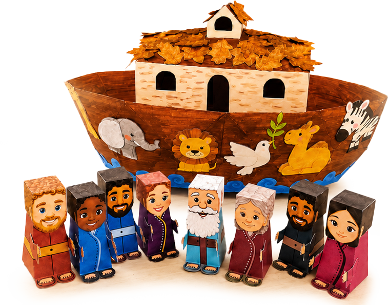Brinquedo de papel da Arca de Noé com personagens bíblicos